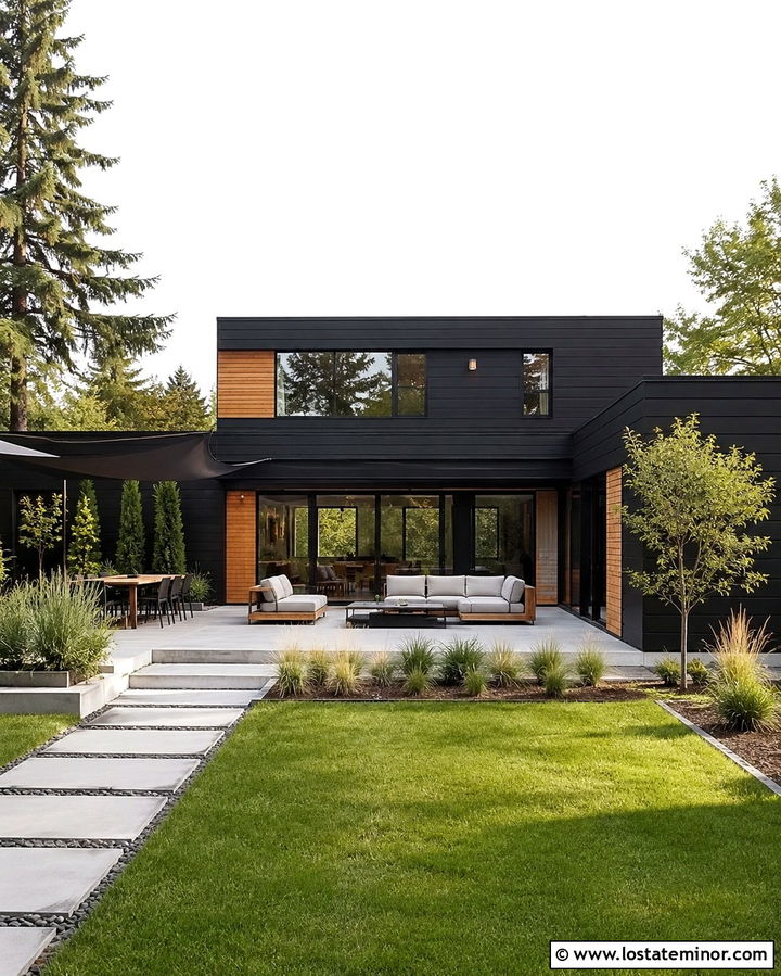 Soft Black Mid Century House With Concrete Patio - 30 Soft Black House Design With Backyard Ideas