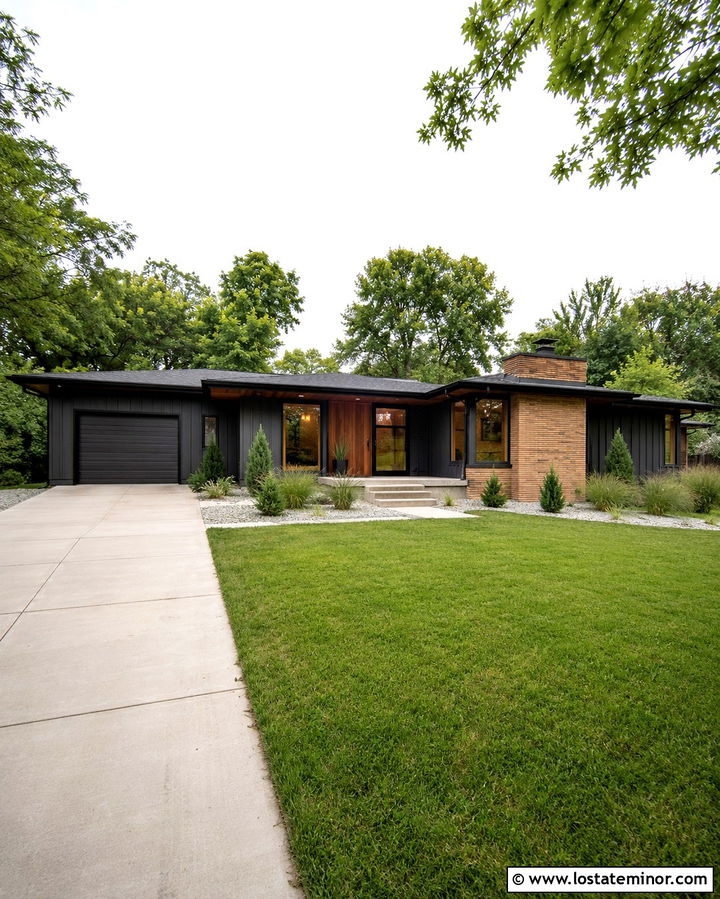 Soft Black Mid Century House With Orange Brick - 30 Soft Black House Design With Brick Accents Ideas