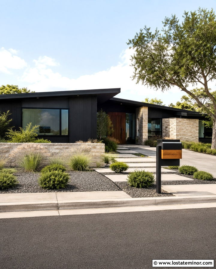 Soft Black Mid Century House With Steel Mailbox - 30 Soft Black House Design With Mailbox Ideas