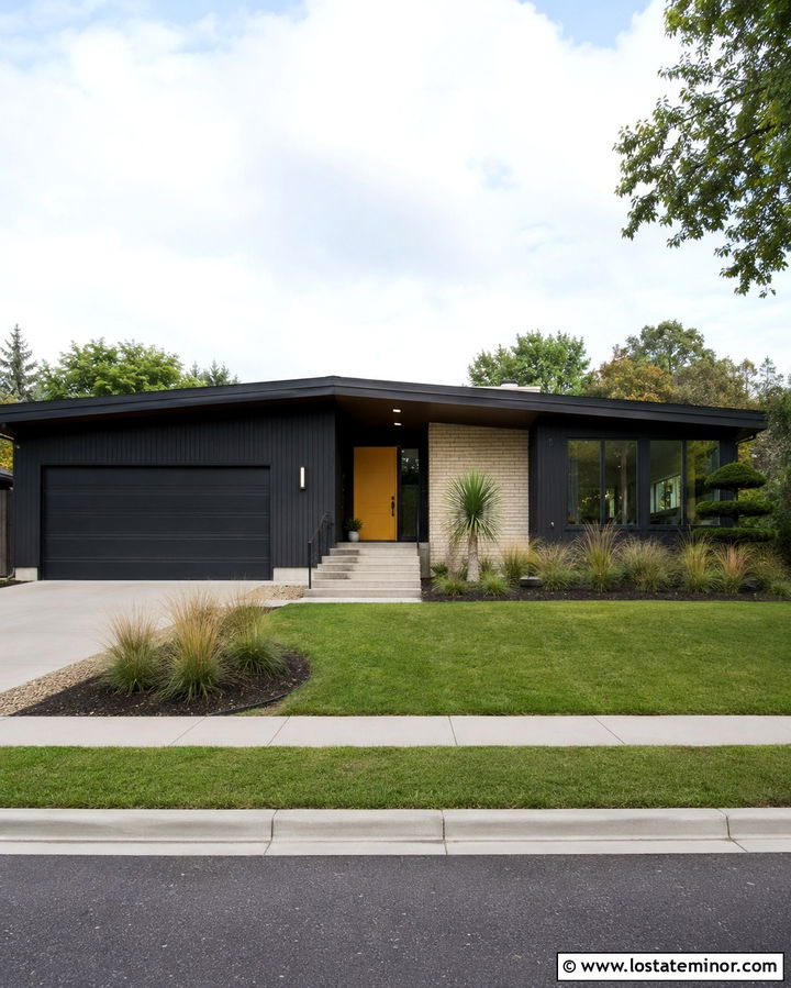 Soft Black Mid Century House With Terrazzo Steps - 30 Soft Black House Design With Steps Ideas