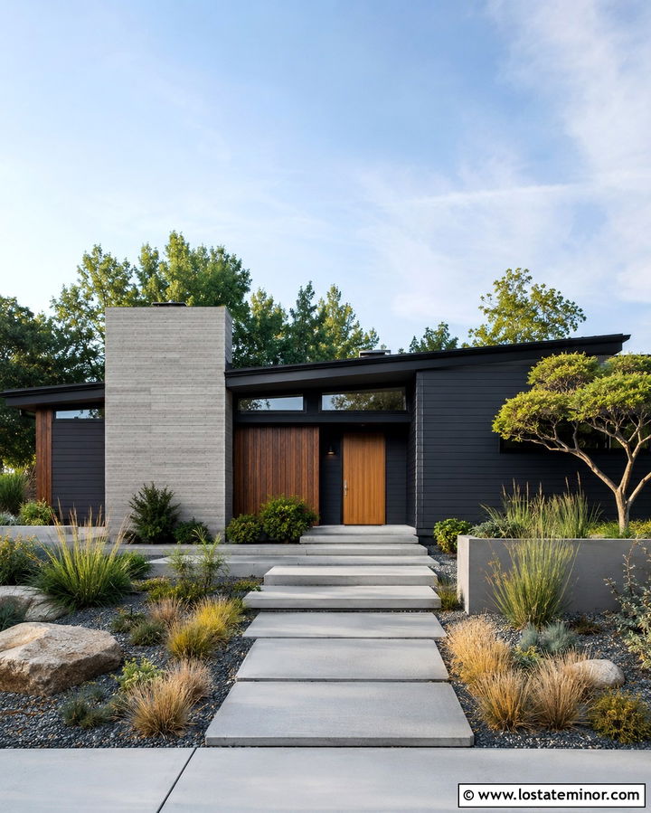 Soft Black Midcentury House With Block Chimney - 30 Soft Black House Design With Chimney Ideas