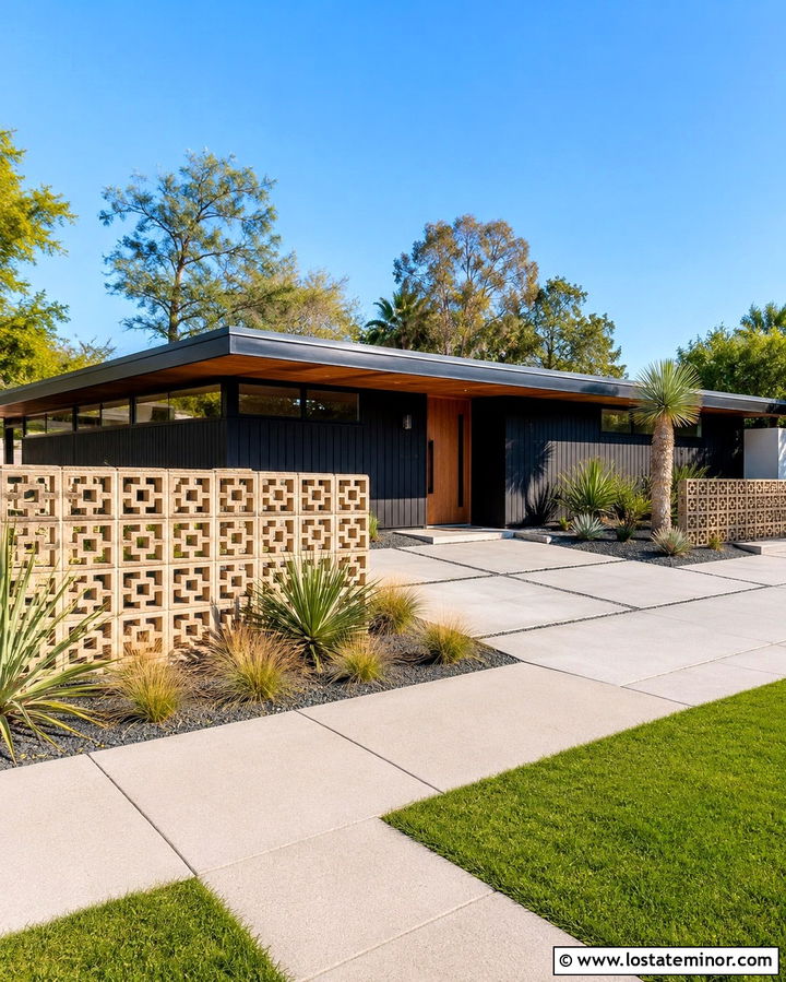 Soft Black Midcentury House With Breeze Block Fence - 30 Soft Black House Design With Fence Ideas