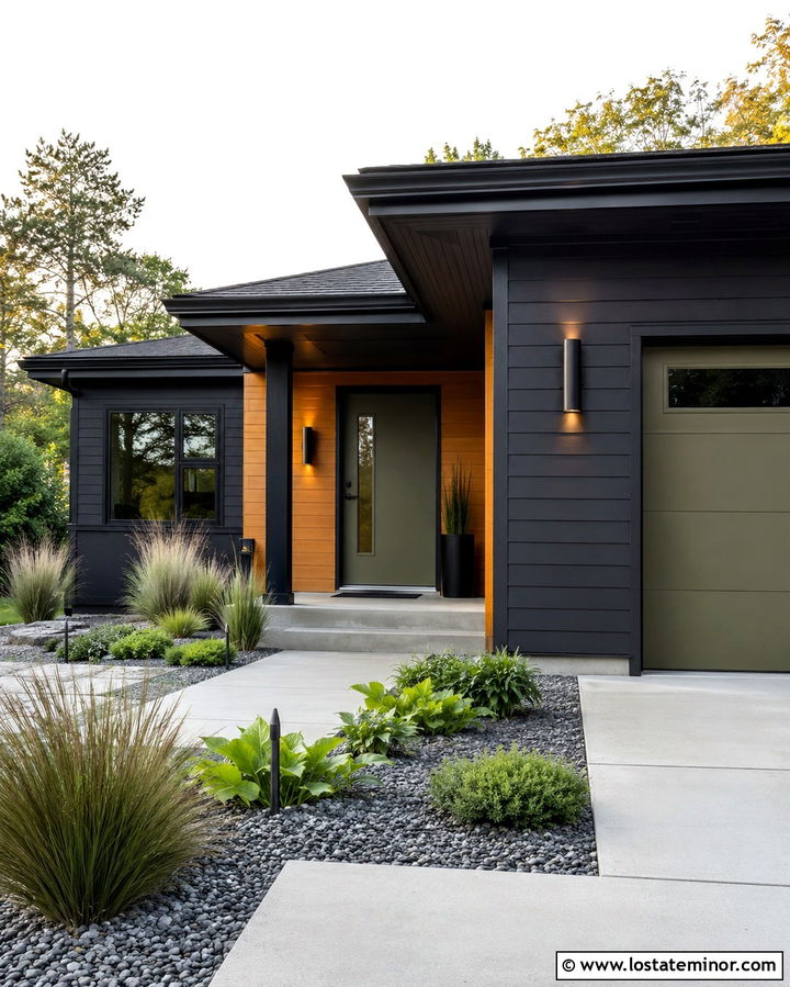 Soft Black Midcentury House With Cylinder Sconces - 30 Soft Black House Design With Light Fixtures Ideas