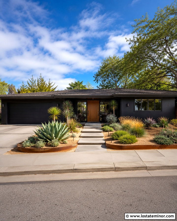 Soft Black Midcentury House With Desert Landscaping - 30 Soft Black House Design With Landscaping Ideas