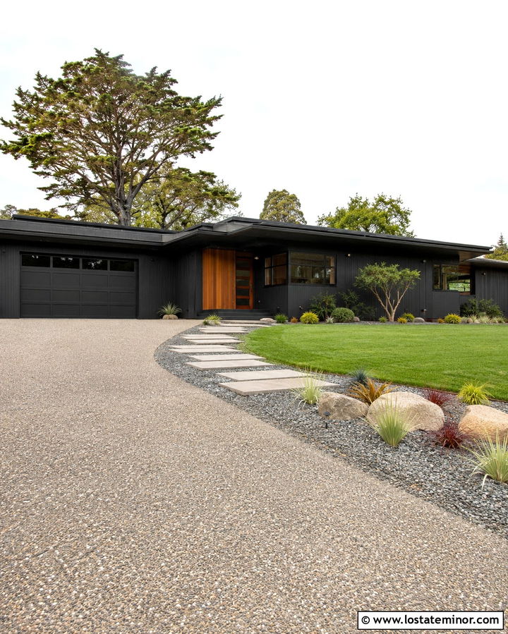 Soft Black Midcentury House With Exposed Aggregate Driveway - 30 Soft Black House Design With Driveway Ideas