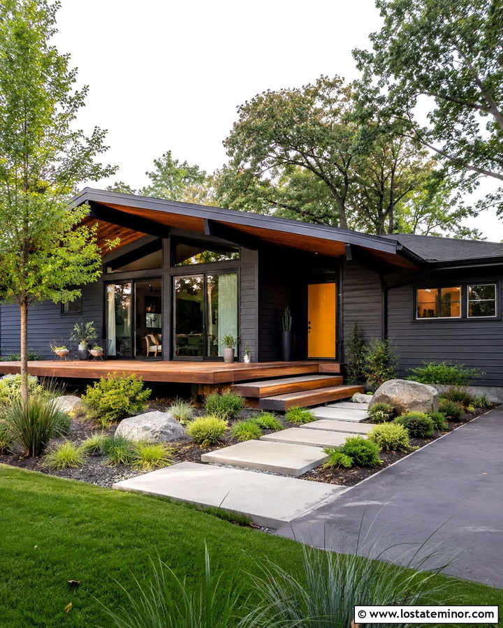 Soft Black Midcentury House With Floating Deck - 30 Soft Black House Design With Deck Ideas