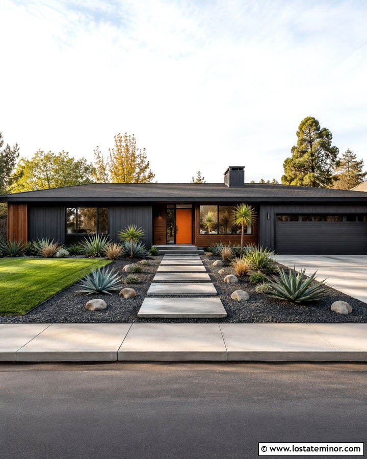 Soft Black Midcentury House With Floating Walkway - 30 Soft Black House Design With Walkway Ideas