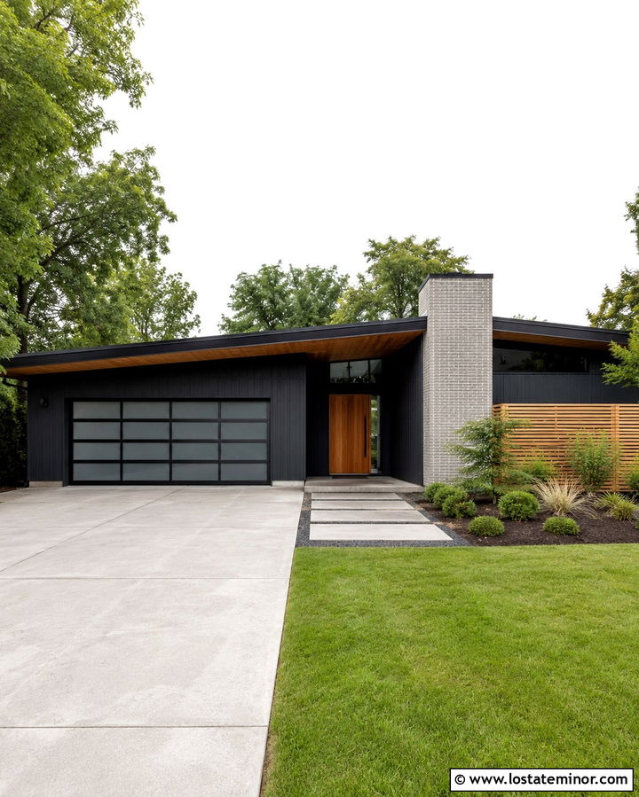 Soft Black Midcentury House With Frosted Glass Garage Door - 30 Soft Black House Design With Garage Door Ideas