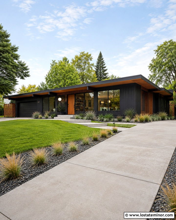 Soft Black Midcentury House With Globe Lights - 30 Soft Black House Design With Lighting Ideas