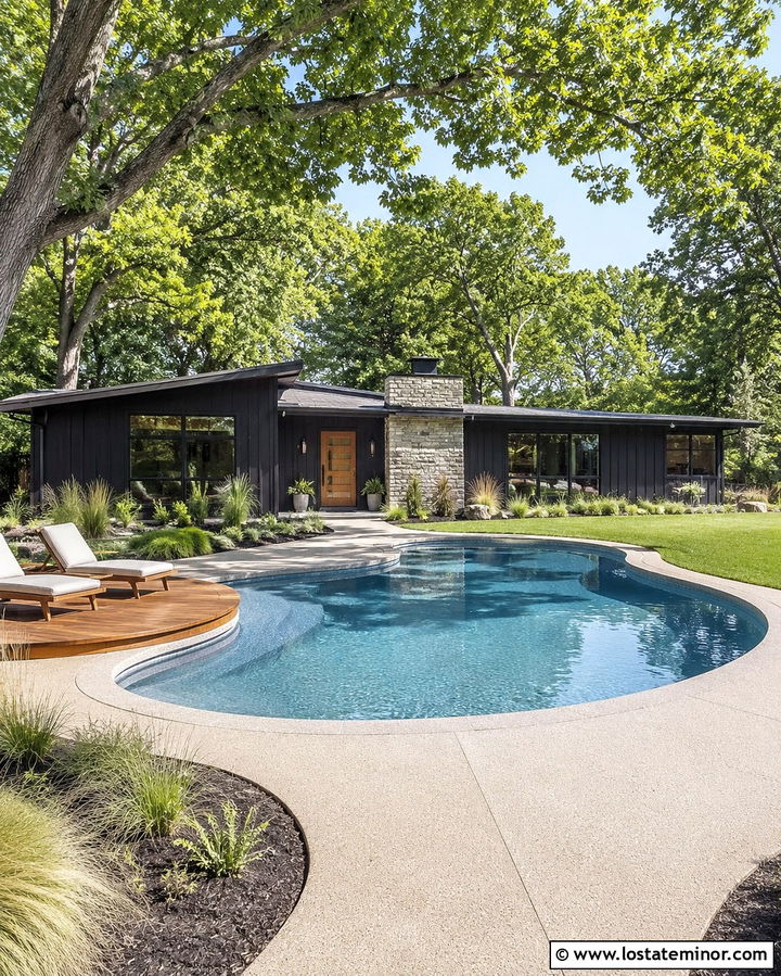 Soft Black Midcentury House With Kidney Pool - 30 Soft Black House Design With Swimming Pool Ideas