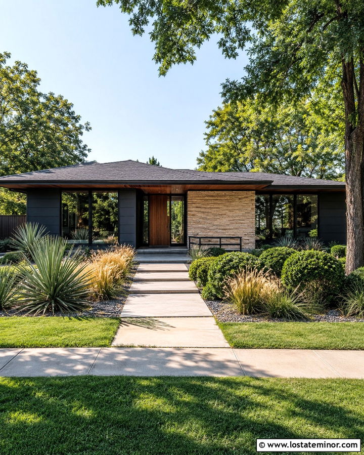Soft Black Midcentury House With Large Windows - 30 Soft Black House Design With Window Frames Ideas