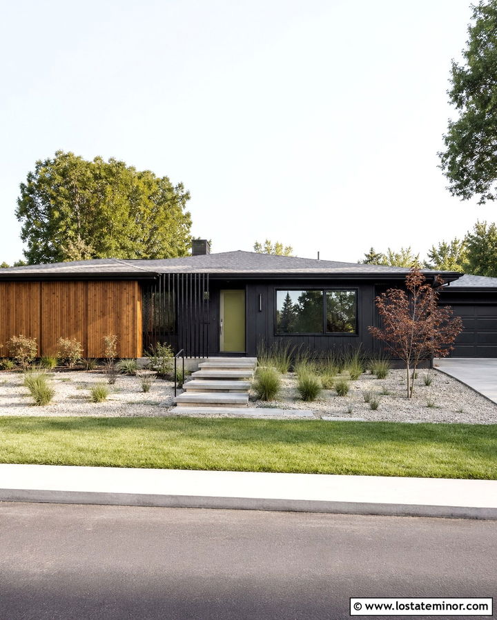 Soft Black Midcentury House With Metal Railings - 30 Soft Black House Design With Railings Ideas