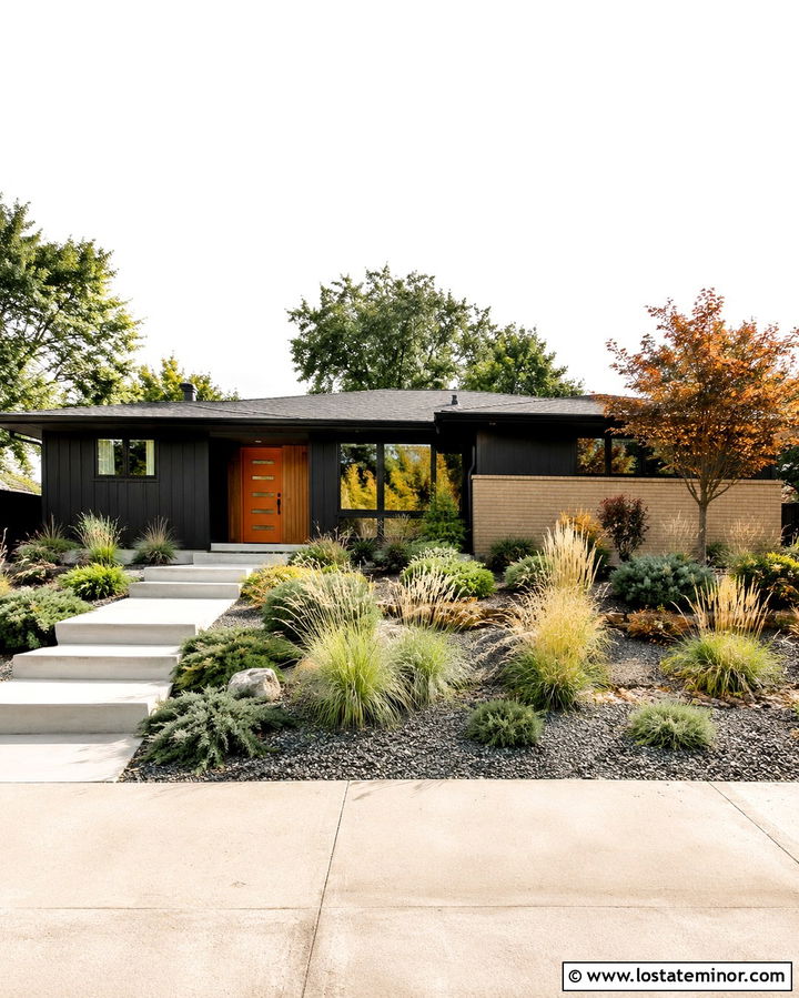 Soft Black Midcentury House With Orange Entry Door - 30 Soft Black House Design With Entry Door Ideas
