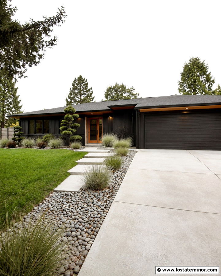 Soft Black Midcentury House With Orange Screen Door - 30 Soft Black House Design With Screen Door Ideas