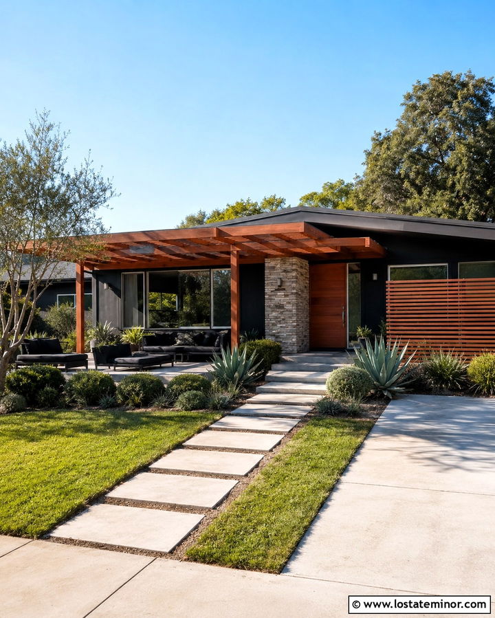 Soft Black Midcentury House With Slatted Pergola - 30 Soft Black House Design With Pergola Ideas