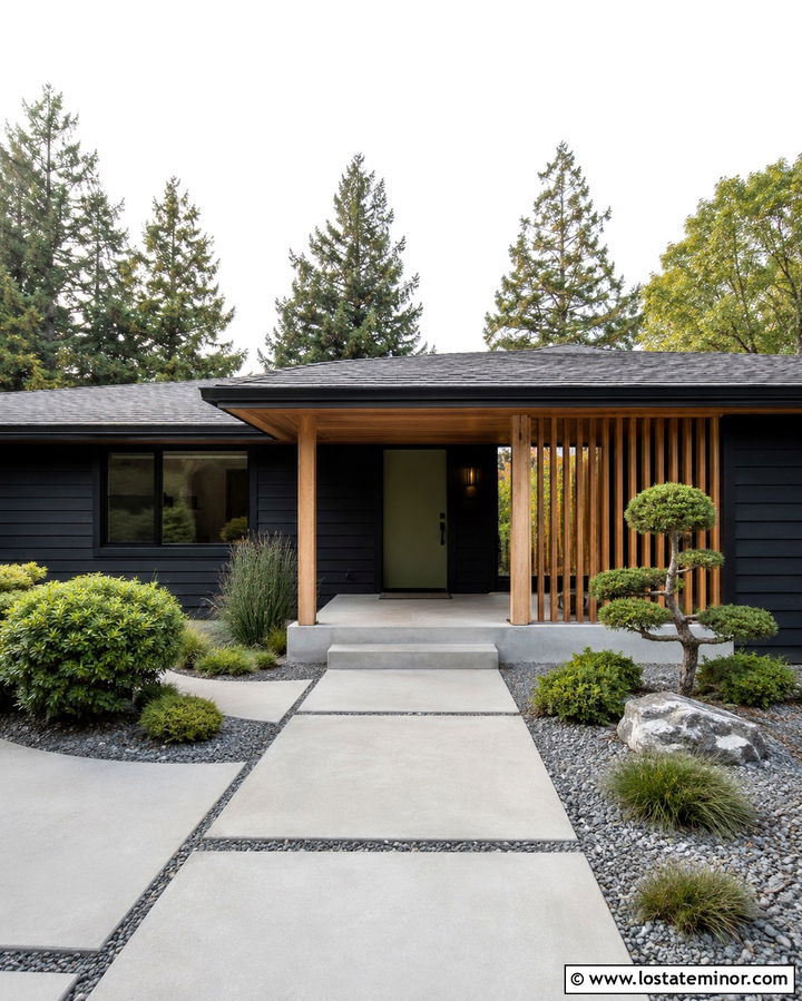 Soft Black Midcentury House With Slatted Portico - 30 Soft Black House Design With Portico Ideas