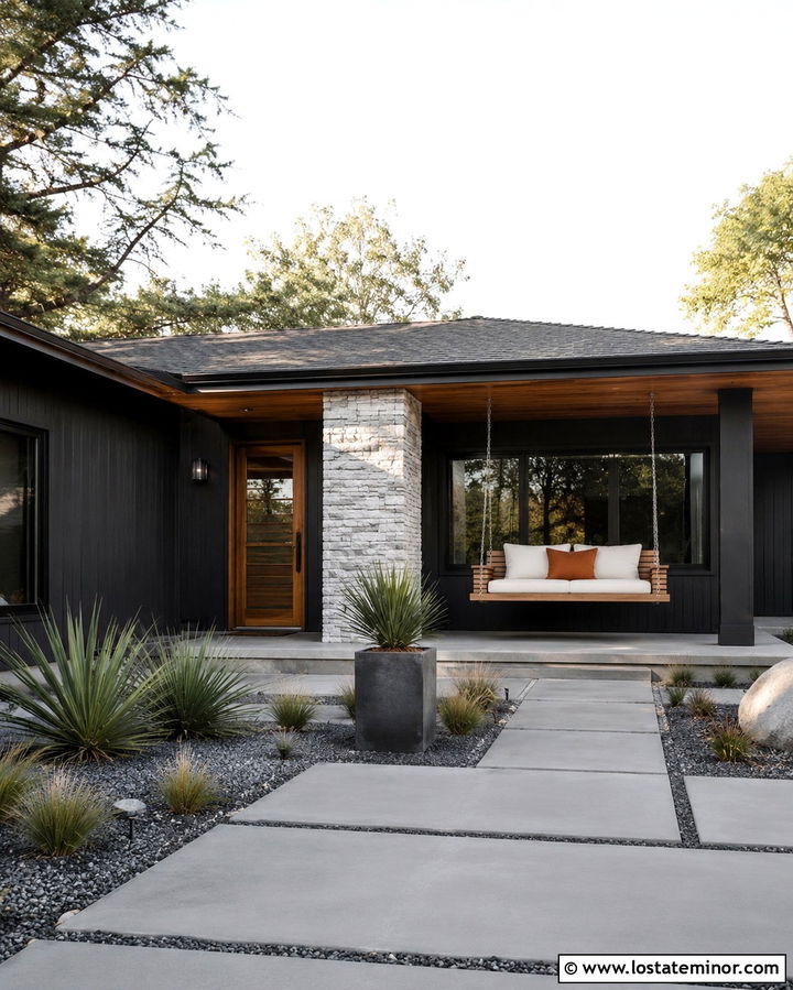 Soft Black Midcentury House With Slatted Swing - 30 Soft Black House Design With Swing Ideas