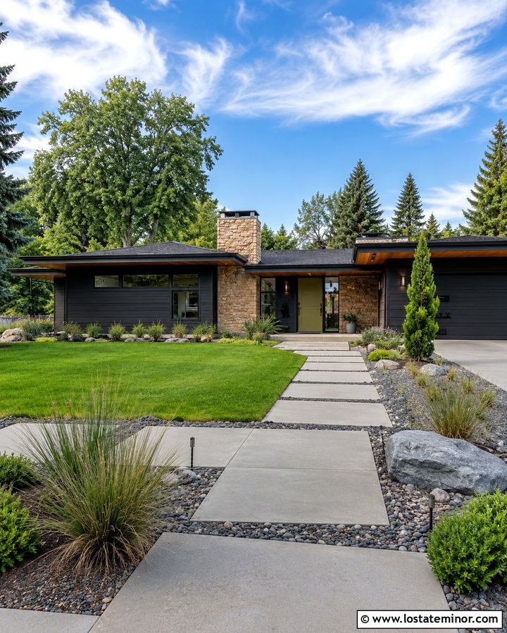 Soft Black Midcentury House With Stone - 30 Soft Black House Design With Stone Accents Ideas