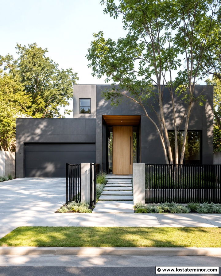 Soft Black Minimalist House With Slatted Fence - 30 Soft Black House Design With Fence Ideas
