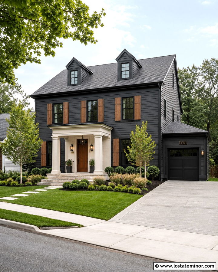 Soft Black Modern Colonial With Walnut Shutters - 30 Soft Black House Design With Shutters Ideas