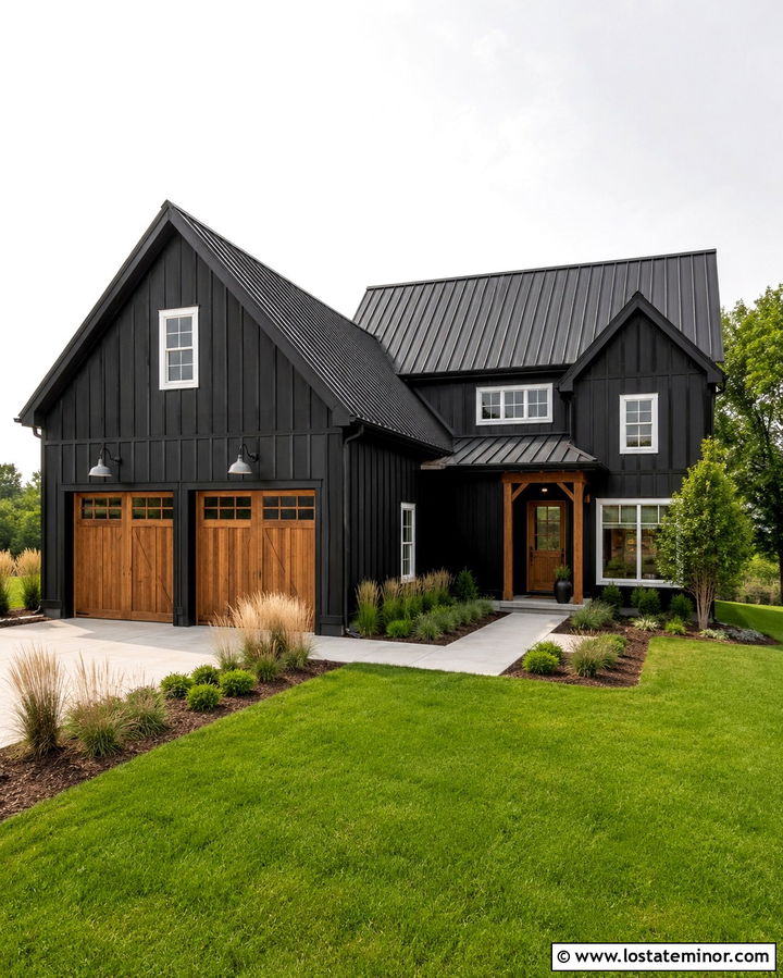 Soft Black Modern Farmhouse With Barn Lights - 30 Soft Black House Design With Light Fixtures Ideas