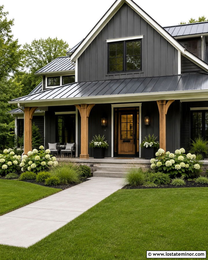 Soft Black Modern Farmhouse With Black Storm Door - 30 Soft Black House Design With Storm Door Ideas