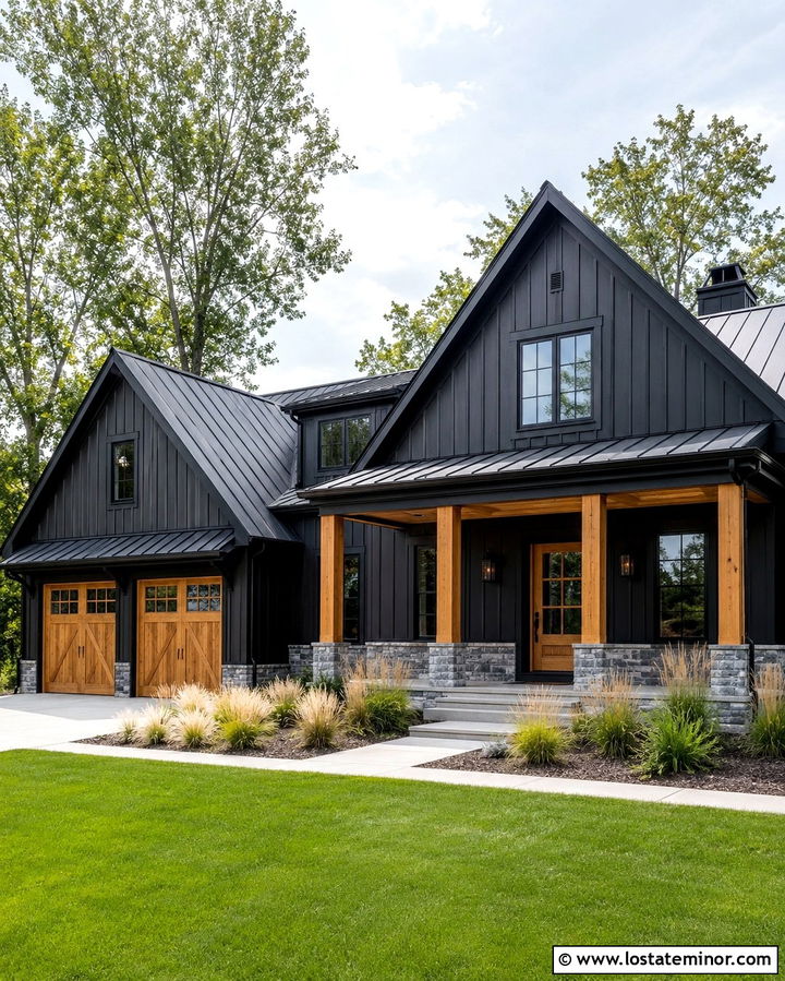 Soft Black Modern Farmhouse With Black Window Frames - 30 Soft Black House Design With Window Frames Ideas