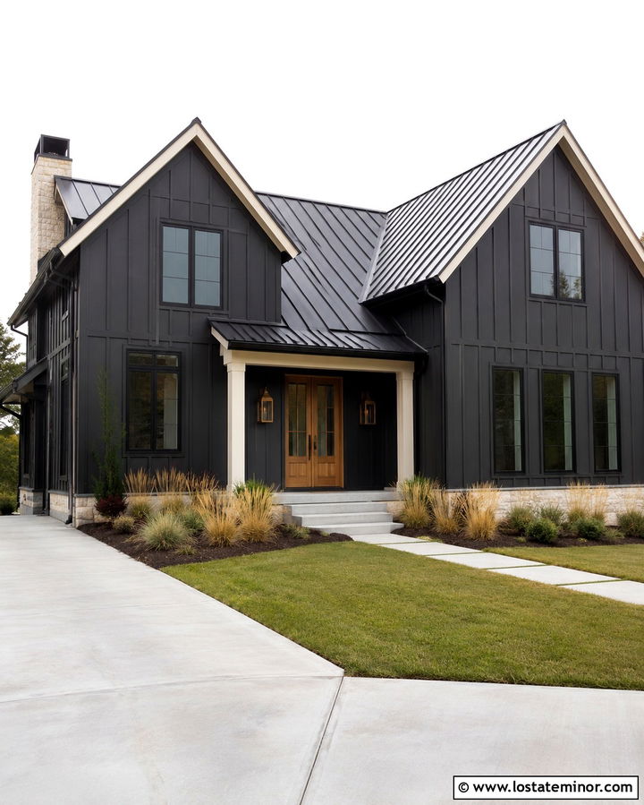 Soft Black Modern Farmhouse With Brass Lanterns - 30 Soft Black House Design With Lighting Ideas