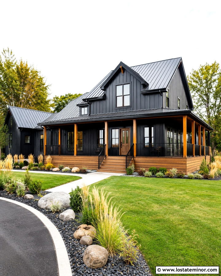 Soft Black Modern Farmhouse With Cedar Deck - 30 Soft Black House Design With Deck Ideas