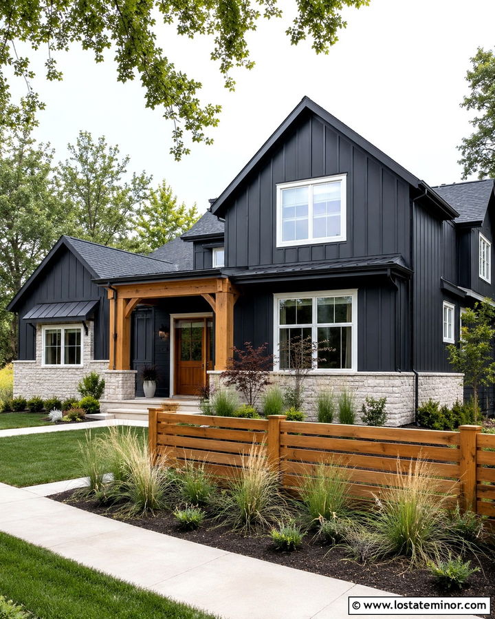 Soft Black Modern Farmhouse With Cedar Fence - 30 Soft Black House Design With Fence Ideas