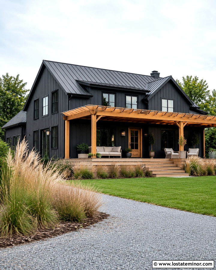 Soft Black Modern Farmhouse With Cedar Pergola - 30 Soft Black House Design With Pergola Ideas