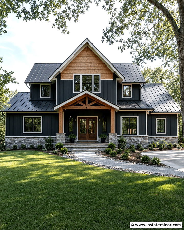 Soft Black Modern Farmhouse With Cedar Shake - 30 Soft Black House Design With Cedar Shake Ideas