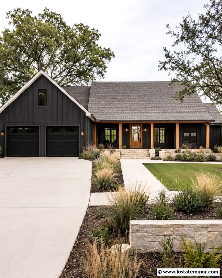 Soft Black Modern Farmhouse With Concrete Driveway - 30 Soft Black House Design With Driveway Ideas