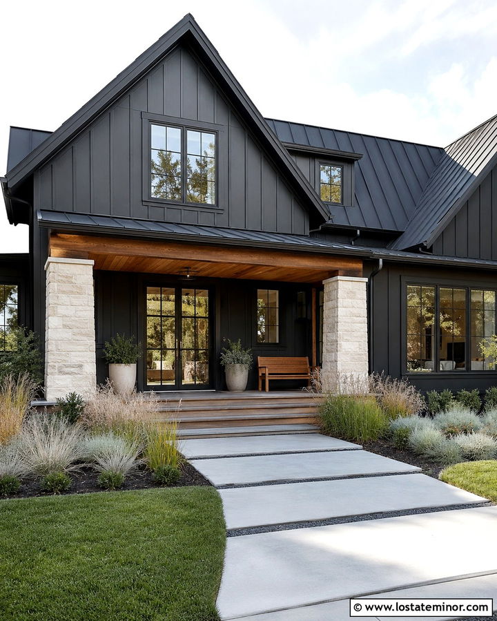 Soft Black Modern Farmhouse With Glass Front Door - 30 Soft Black House Design With Front Door Ideas