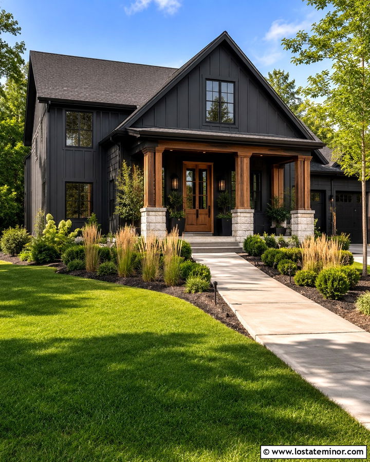 Soft Black Modern Farmhouse With Limestone - 30 Soft Black House Design With Stone Accents Ideas