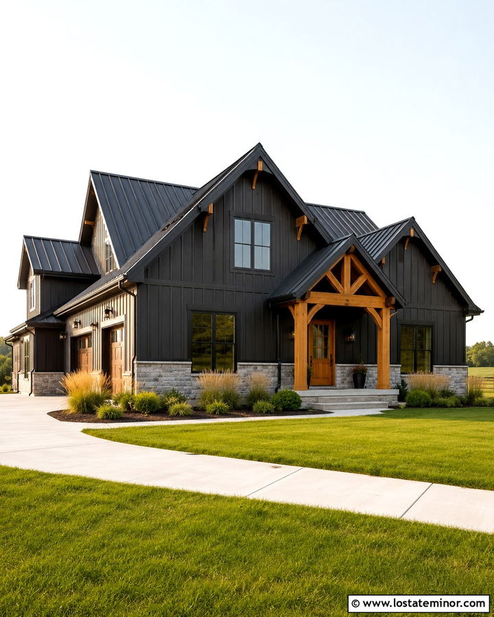 Soft Black Modern Farmhouse With Timber Portico - 30 Soft Black House Design With Portico Ideas