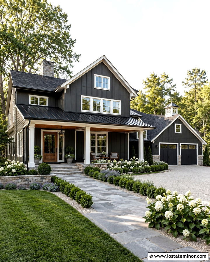 Soft Black Modern Farmhouse With White Hydrangeas - 30 Soft Black House Design With Landscaping Ideas