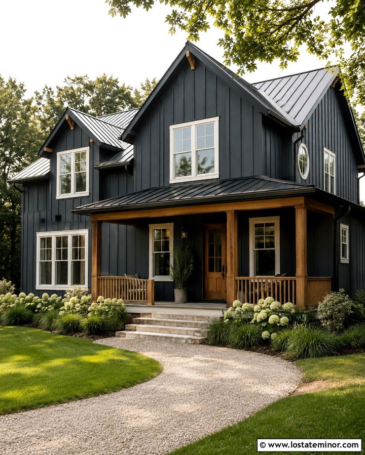 Soft Black Modern Farmhouse With Wood Railings - 30 Soft Black House Design With Railings Ideas