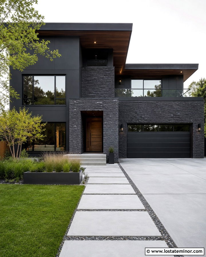 Soft Black Modern House With Charcoal Brick - 30 Soft Black House Design With Brick Accents Ideas
