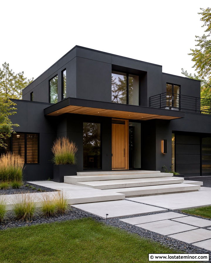 Soft Black Modern House With Concrete Porch - 30 Soft Black House Design With Front Porch Ideas