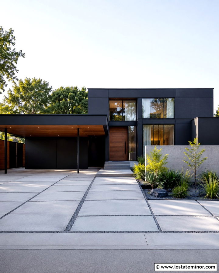 Soft Black Modern House With Flat Roof Carport - 30 Soft Black House Design With Carport Ideas
