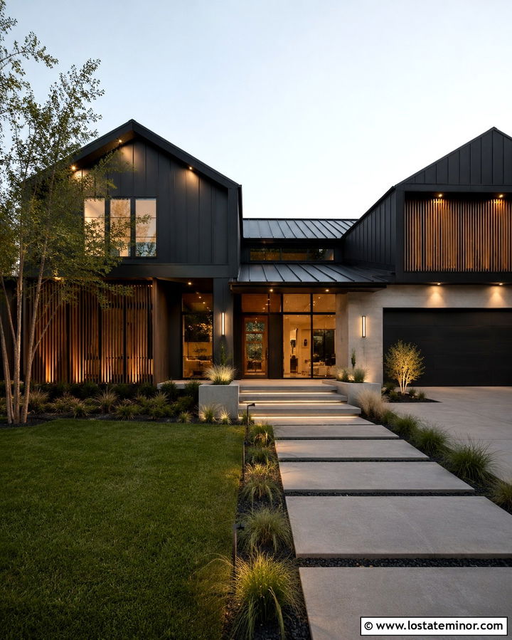 Soft Black Modern House With Full Facade Lighting - 30 Soft Black House Design With Lighting Ideas