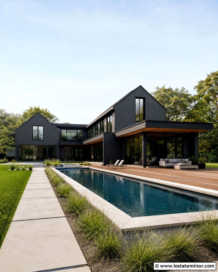 Soft Black Modern House With Lap Pool - 30 Soft Black House Design With Swimming Pool Ideas