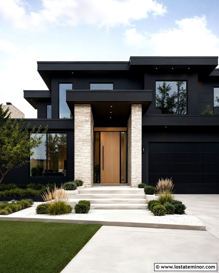 Soft Black Modern House With Limestone Steps - 30 Soft Black House Design With Steps Ideas