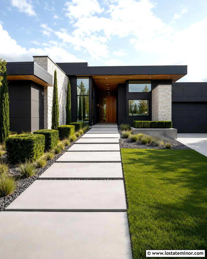 Soft Black Modern House With Linear Walkway - 30 Soft Black House Design With Walkway Ideas