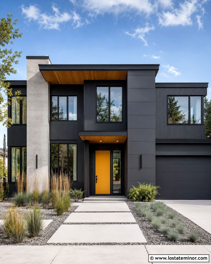 Soft Black Modern House With Mustard Yellow Front Door - 30 Soft Black House Design With Front Door Ideas