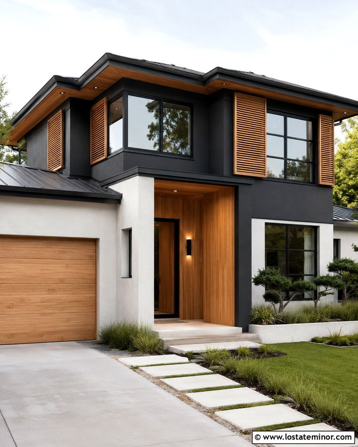 Soft Black Modern House With Oak Shutters - 30 Soft Black House Design With Shutters Ideas