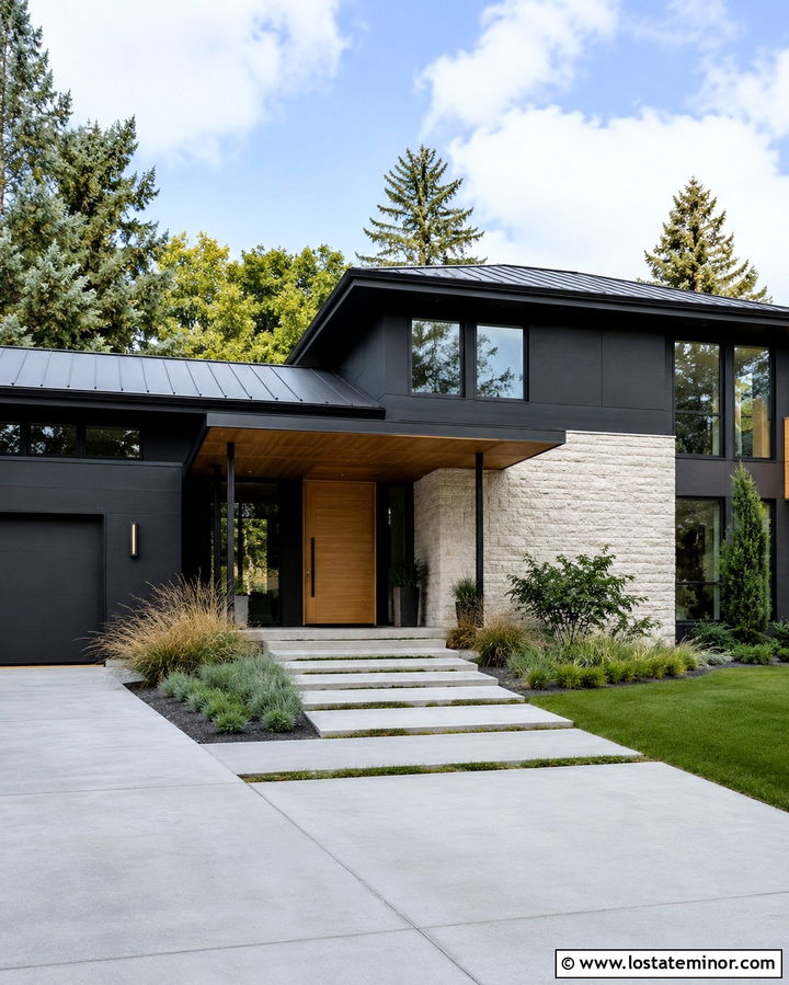 Soft Black Modern House With Steel Porch Columns - 30 Soft Black House Design With Porch Columns Ideas