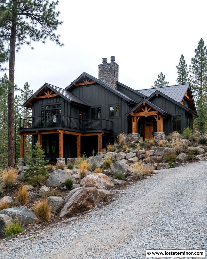 Soft Black Mountain House With Cable Railings - 30 Soft Black House Design With Railings Ideas
