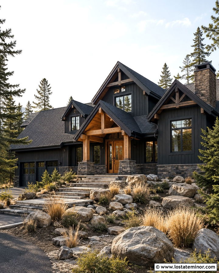 Soft Black Mountain House With Cedar Entry Door - 30 Soft Black House Design With Entry Door Ideas